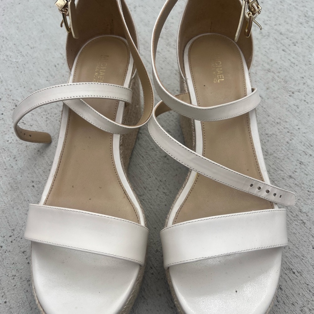 Michael Kors Cream Leather Ankle-Strap Espadrille Wedges